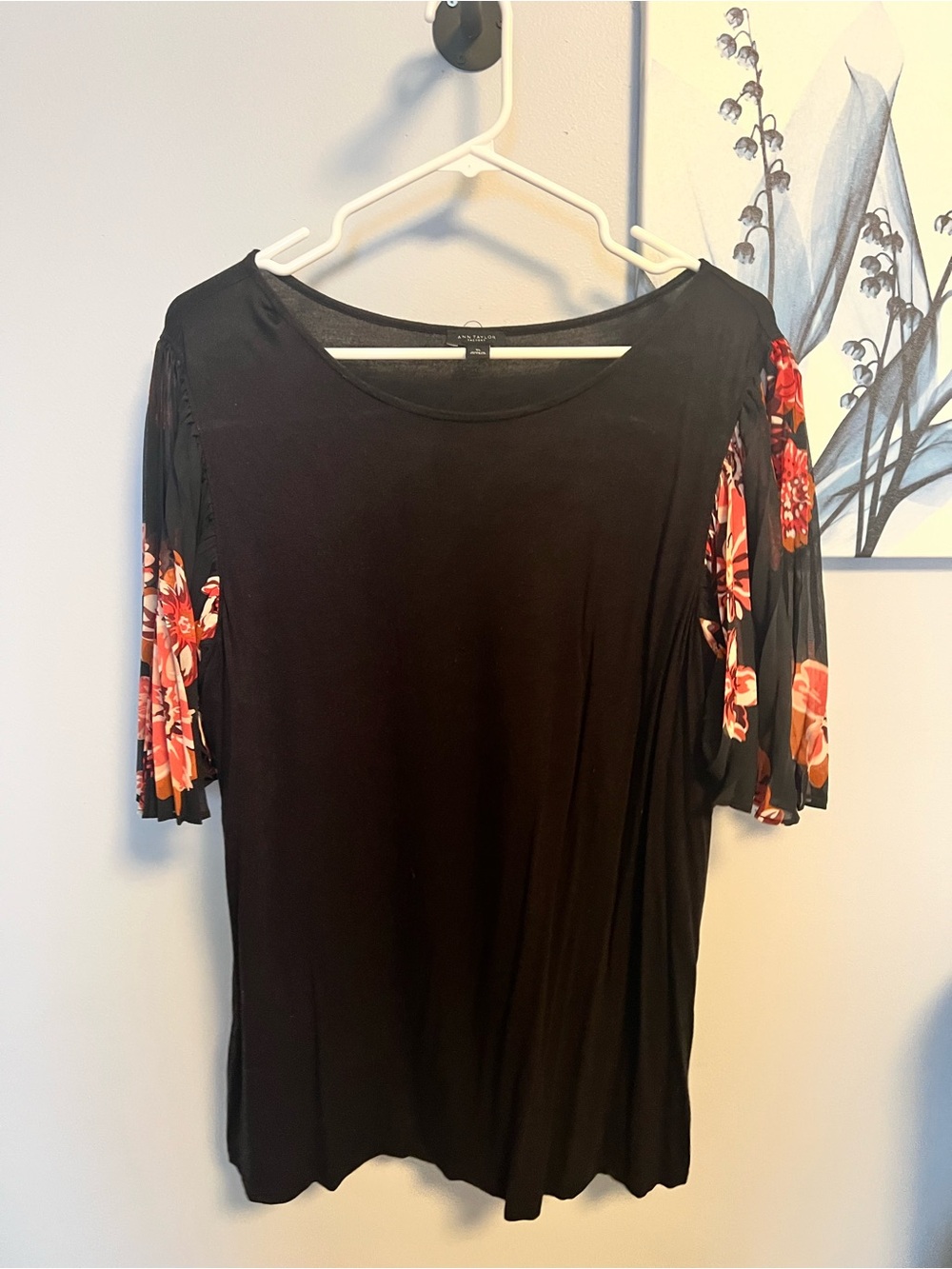 Ann Taylor Factory Black Crewneck blouse with flower sleeves